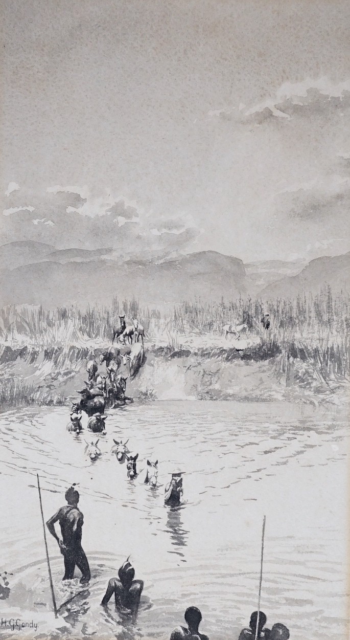Henry George Gandy D.S.O, O.B.E, (Irish, 1879-1950), monochrome watercolour, Figure leading a mule train across a river with natives onlooking, signed, 31.5 x 18cm, unframed